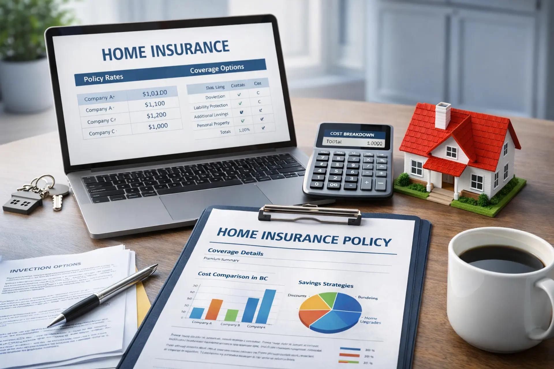 home-insurance-policy-documents-calculator-and-house-model-on-office-desk-representing-bc-insurance-cost-comparison-and-savings-strategies