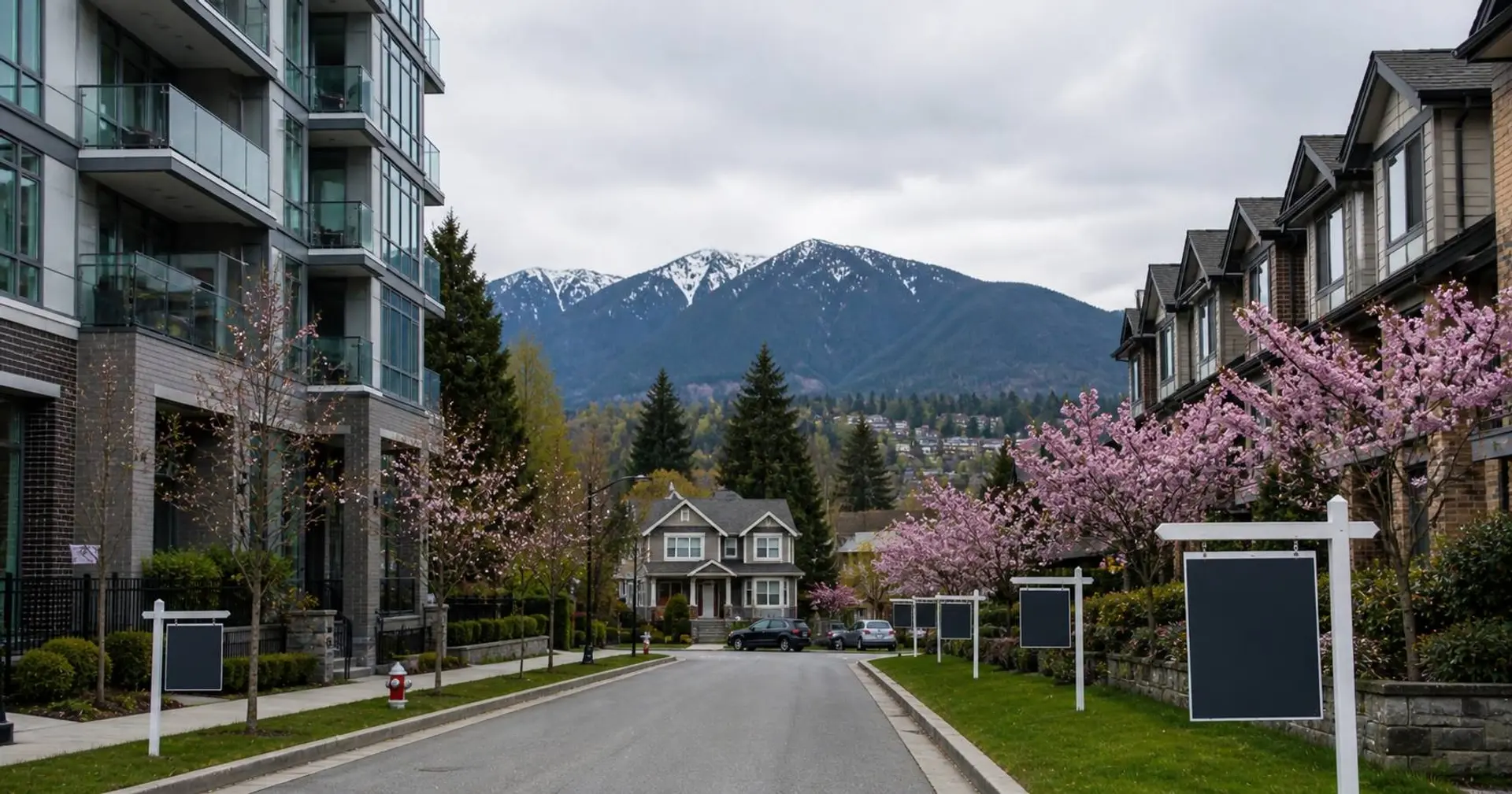 Greater Vancouver residential street in April 2026 with multiple for sale signs across condo townhouse and detached homes