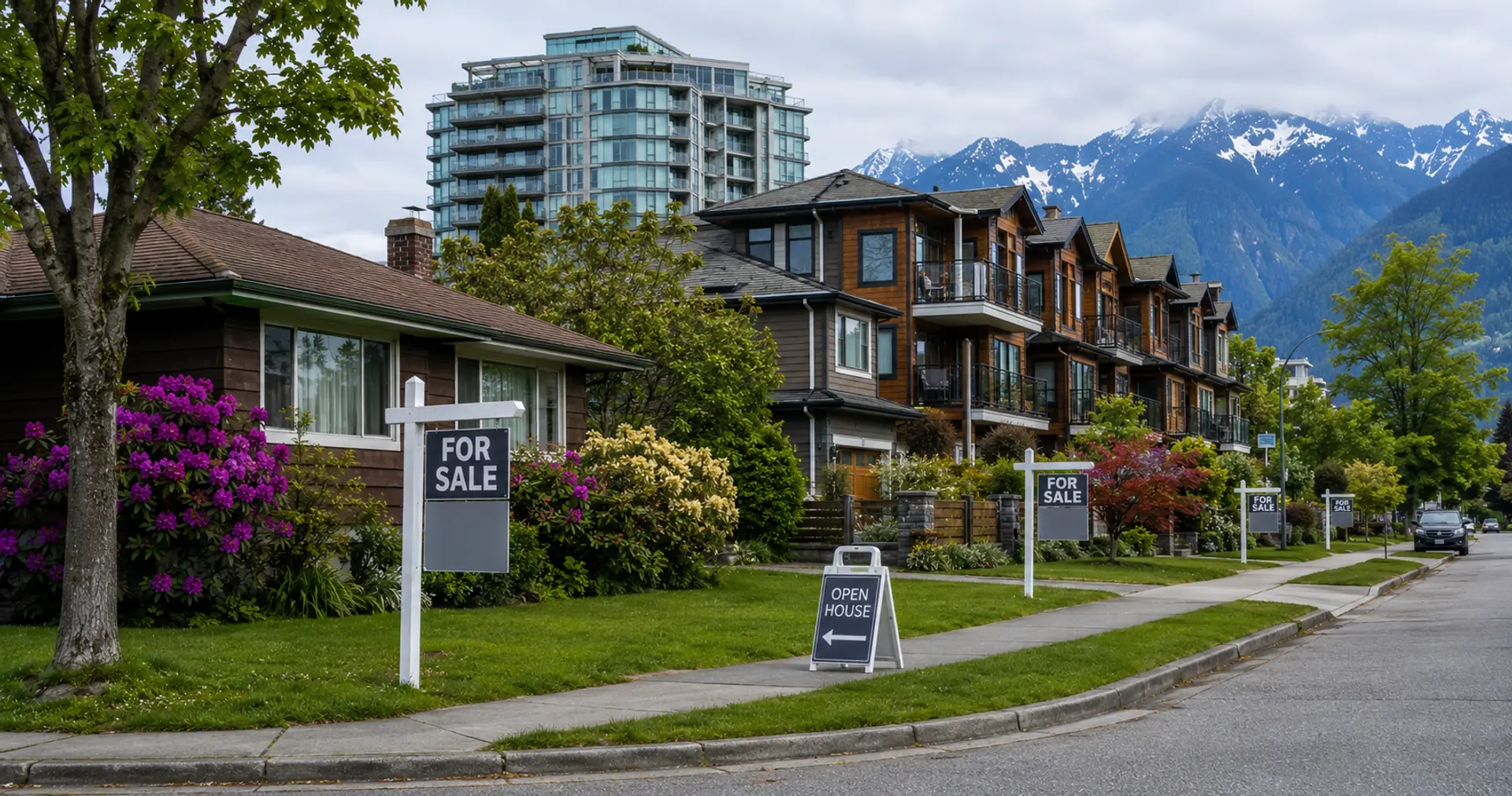 Greater Vancouver residential street in May 2026 with multiple for sale signs across condo townhouse and detached homes