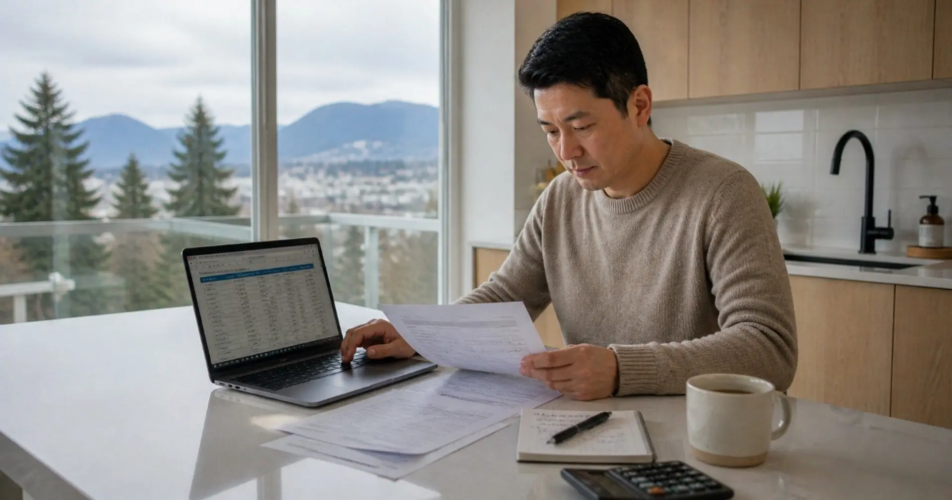 BC homeowner reviewing mortgage renewal options at kitchen table six months before term ends