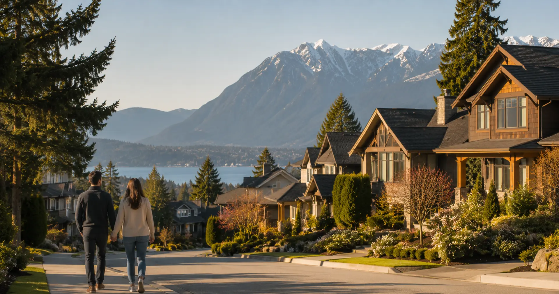 West Coast homes and mountains on a British Columbia residential street
