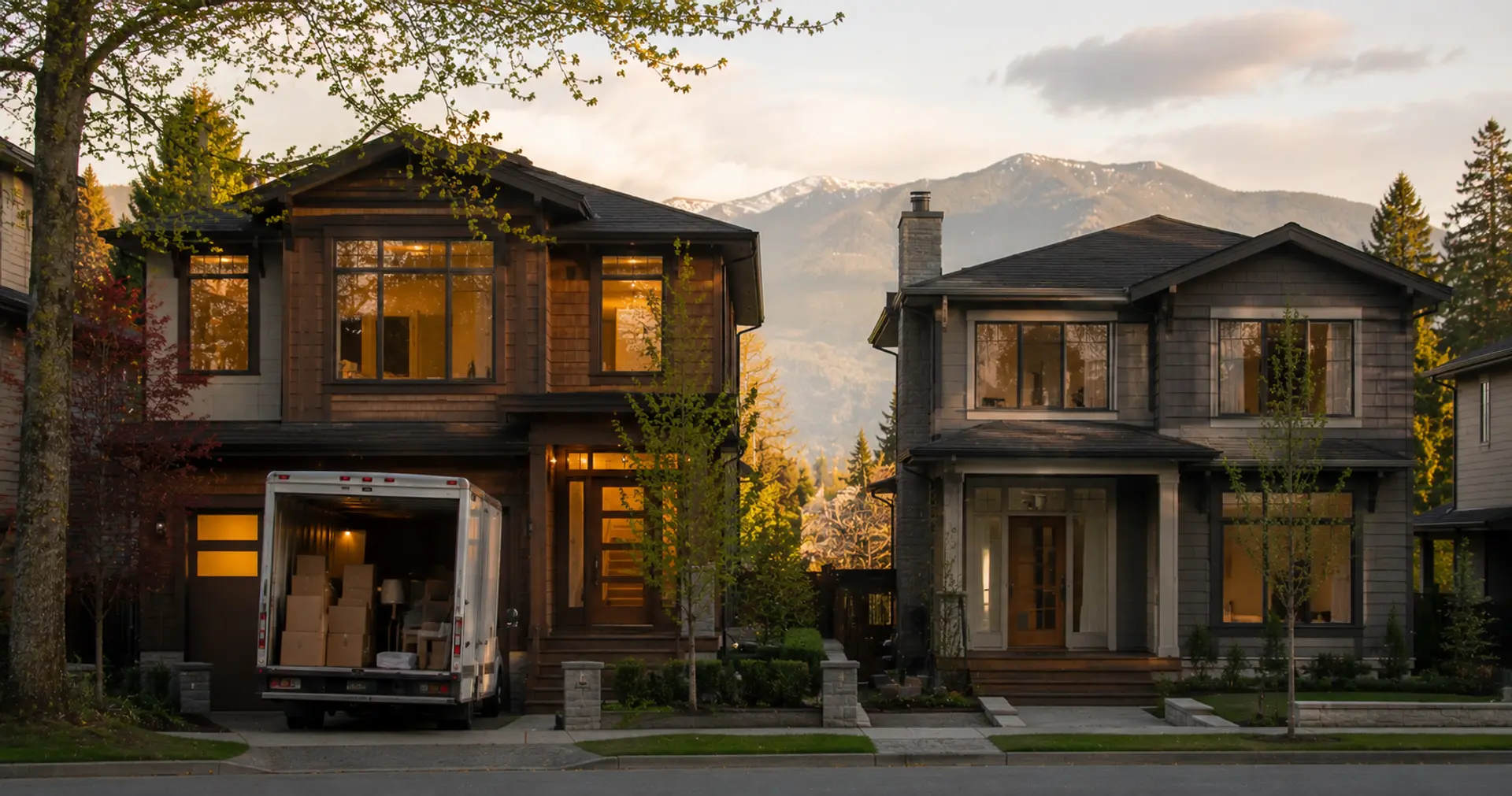 Two modern Vancouver homes at golden hour with a moving van in the driveway illustrating bridge financing buy before you sell in BC`