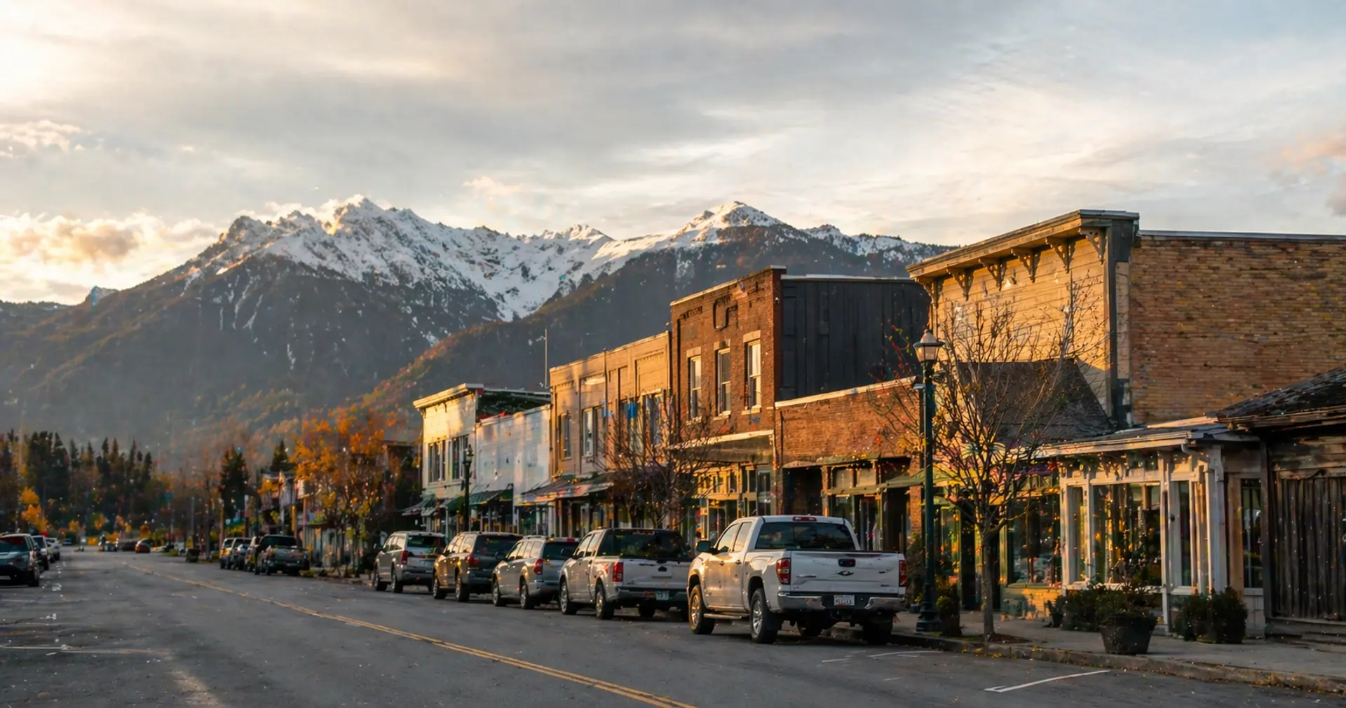 Quiet main street in a small British Columbia town with mountains in the background, representing affordable BC cities