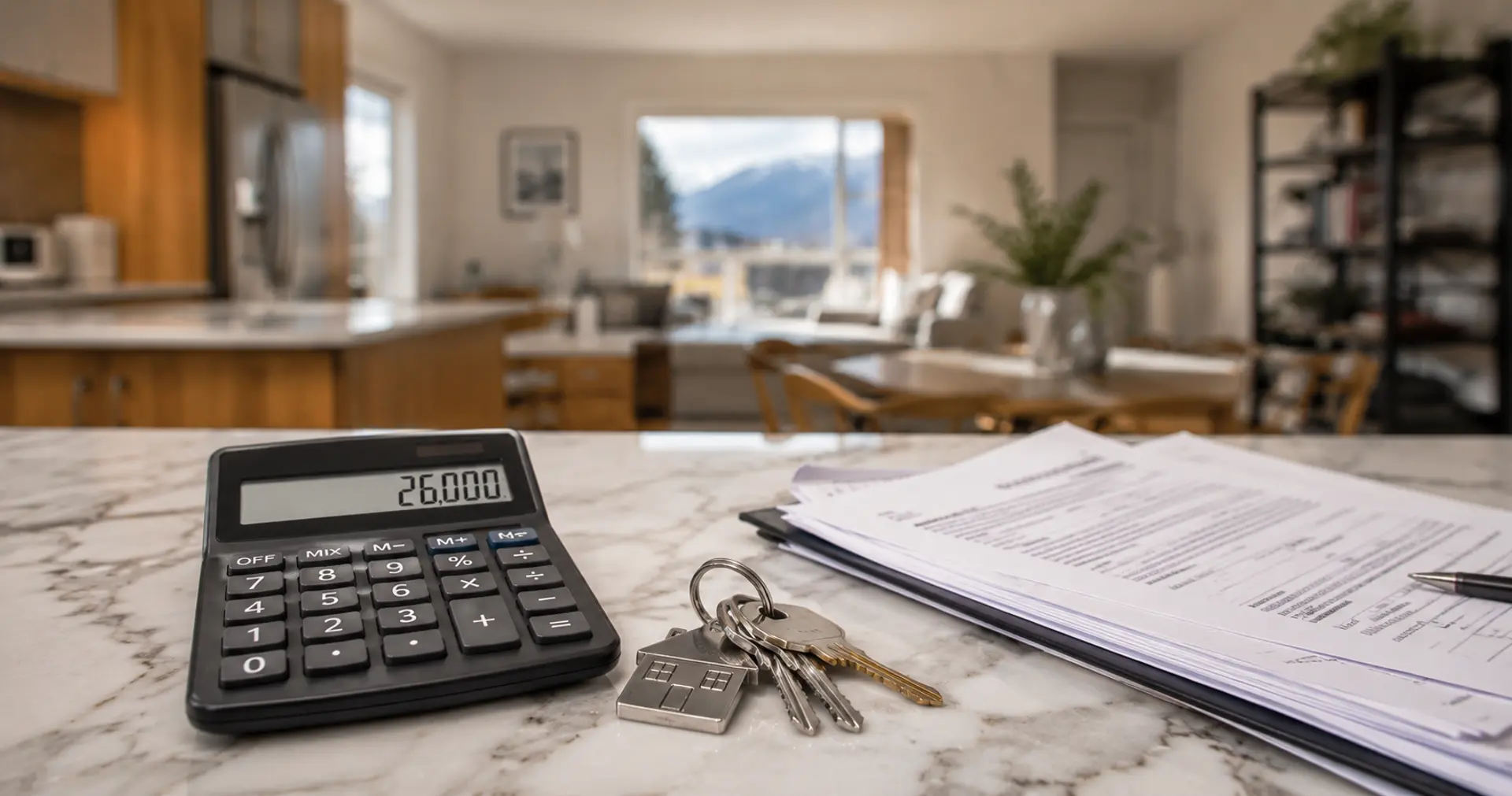 Calculator, house keys and closing documents on a kitchen counter in a Vancouver home