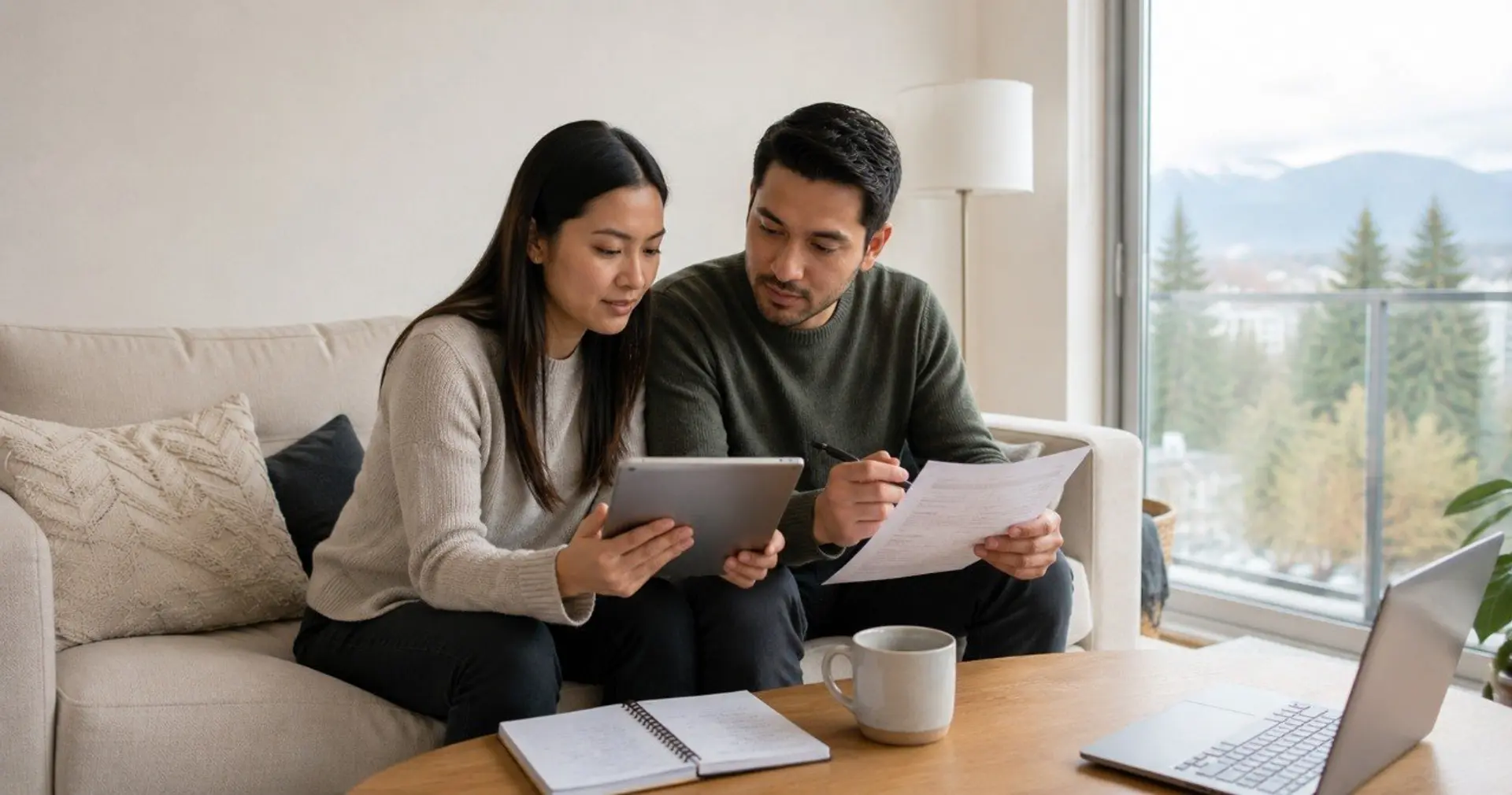 First time BC homebuyer reviewing CMHC mortgage insurance premium breakdown on a tablet at home