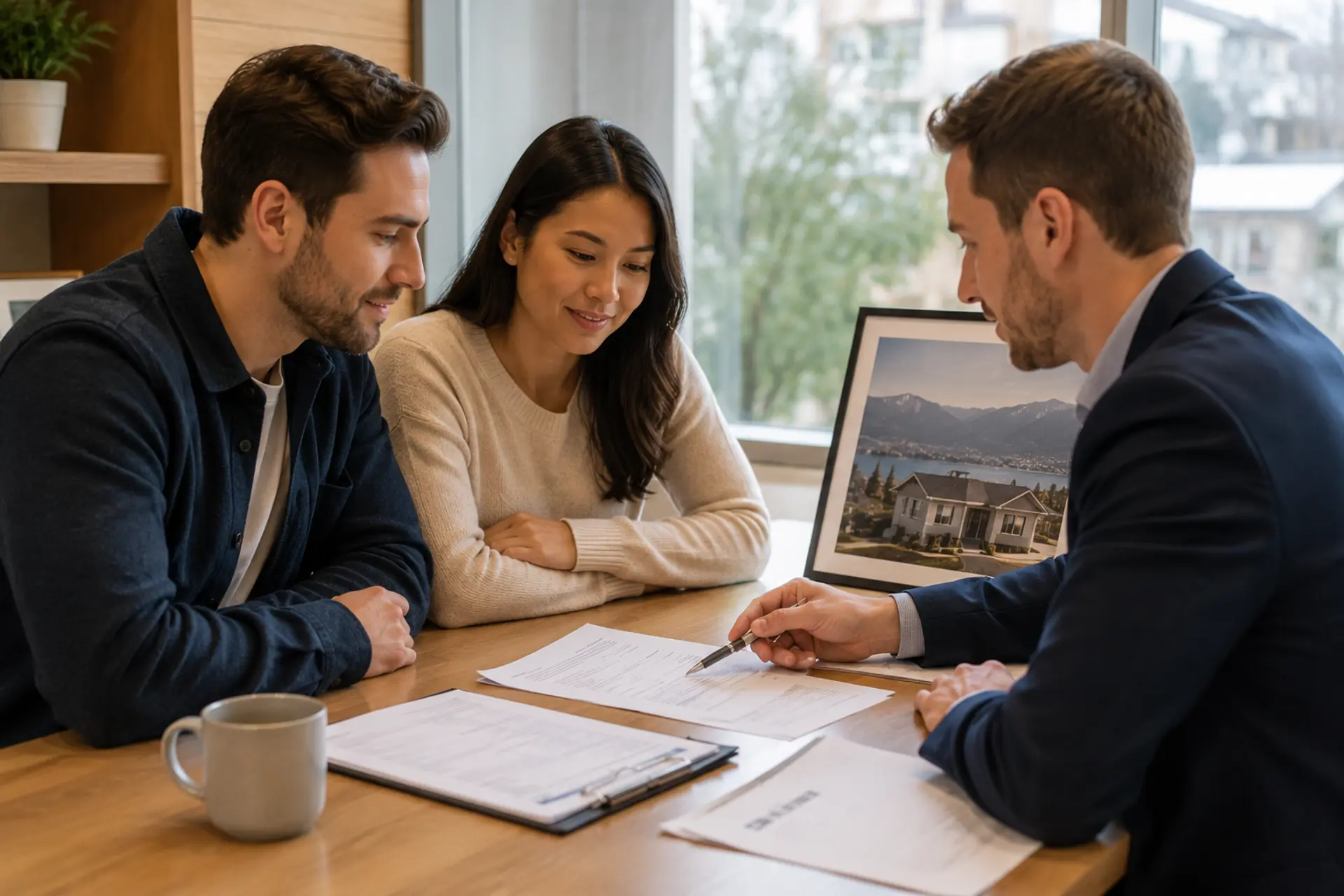 Couple reviewing debt service ratio paperwork with a mortgage advisor in a BC office