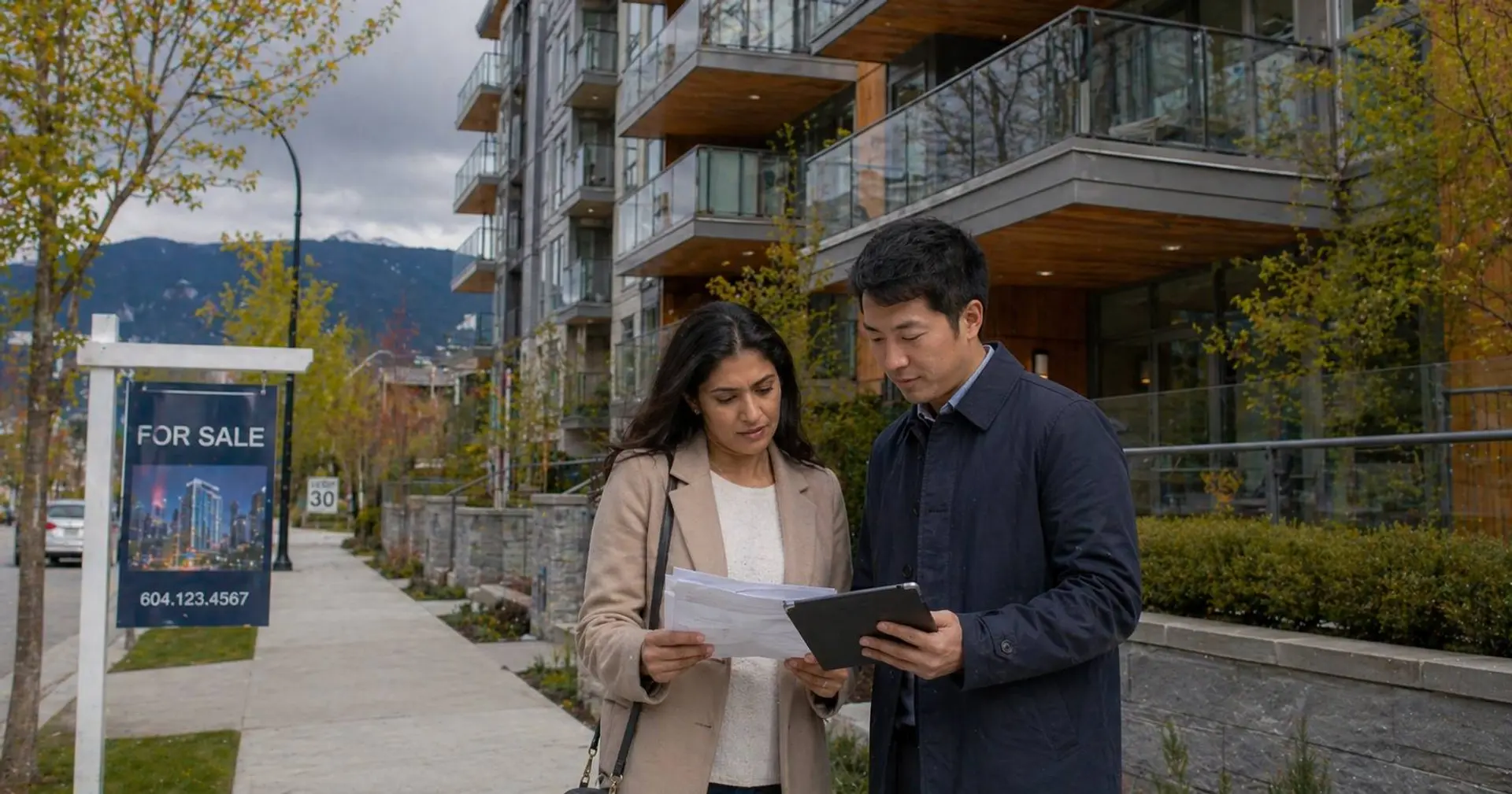 Non-Canadian buyers reviewing residential property documents outside a Vancouver condo building under the Foreign Buyer Ban`