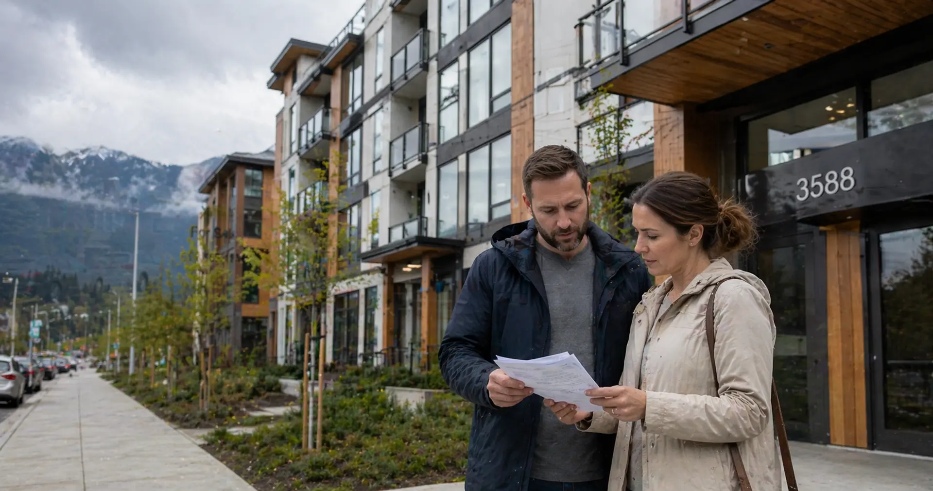 New construction condo building exterior with buyers reviewing GST rebate documents, BC mountains background
