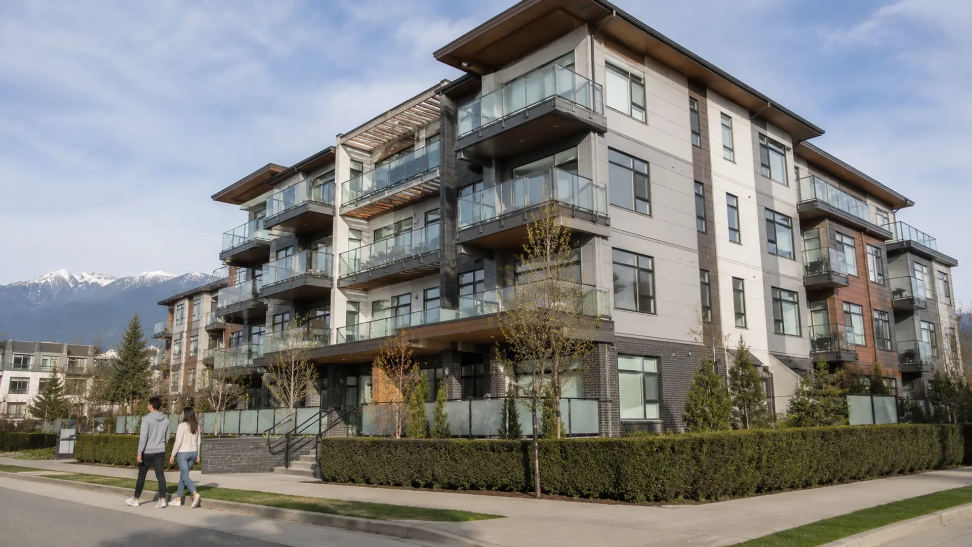 Mid-rise condo building in Metro Vancouver BC with North Shore mountains behind