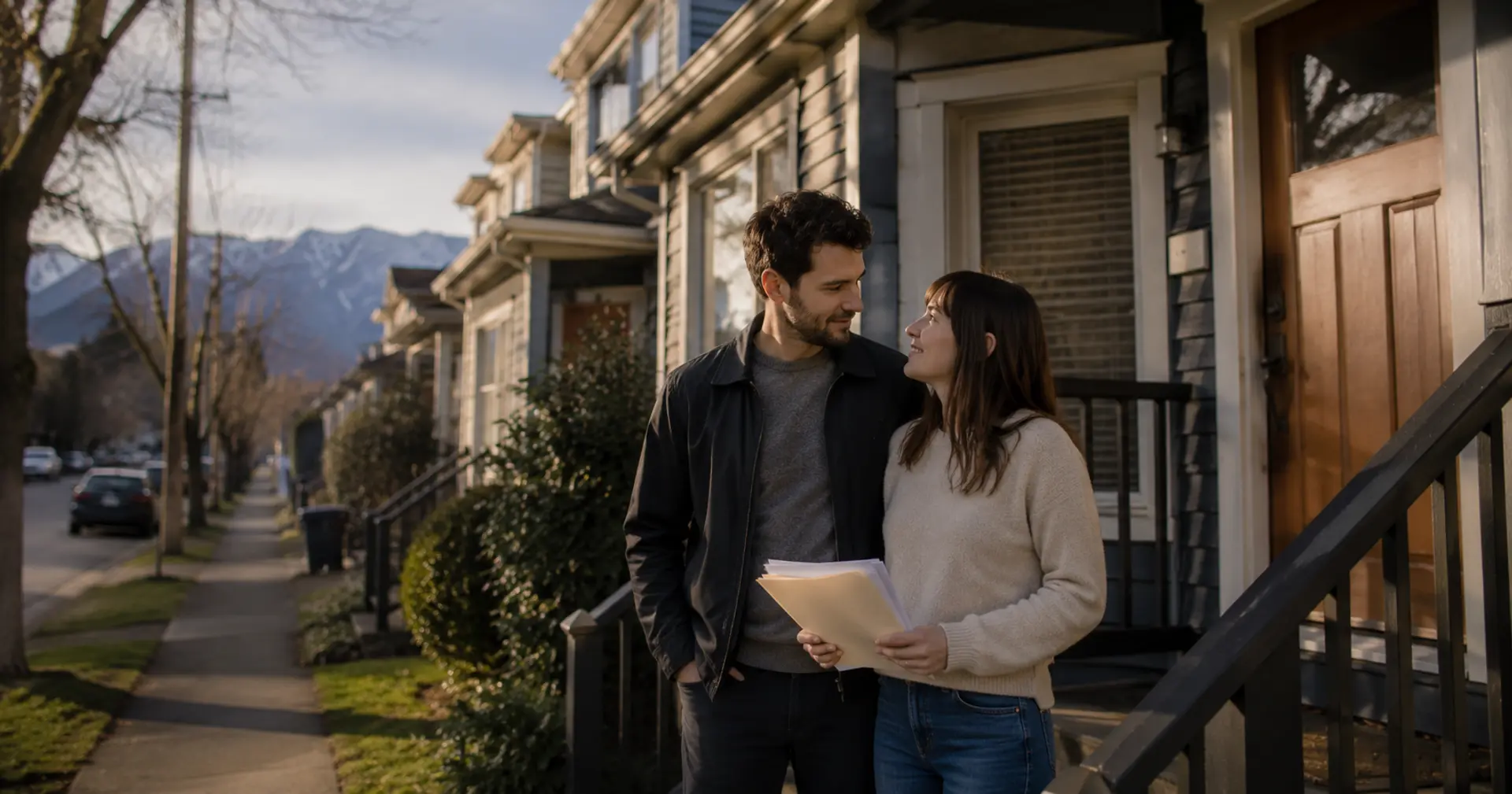Young couple outside new home in Metro Vancouver BC after closing