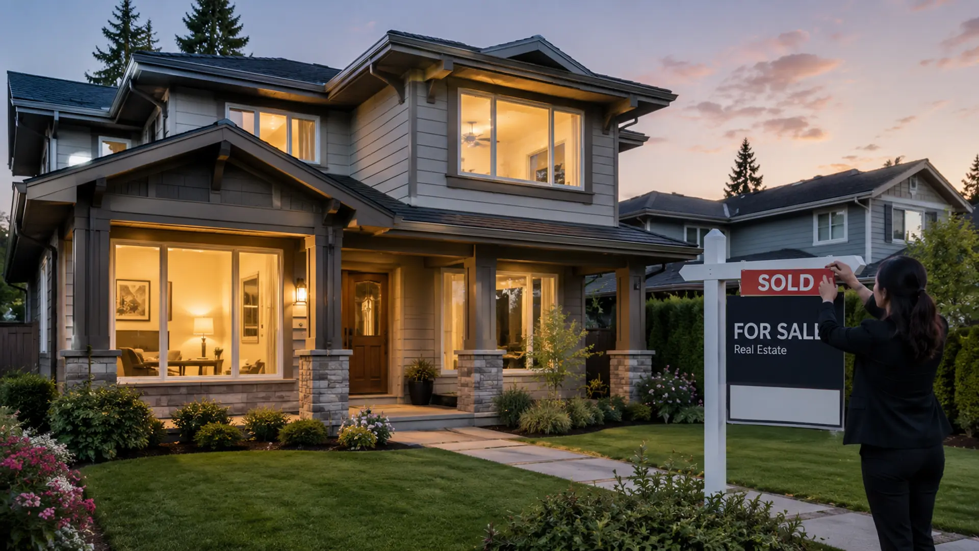 A modern BC home exterior at dusk with warm interior lights, a tidy front yard, and a sold rider being added to the real estate sign