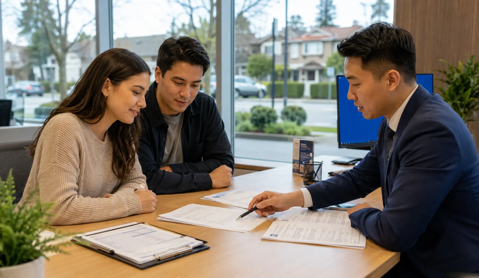 Couple reviewing mortgage pre-approval documents with a lender in a BC bank office