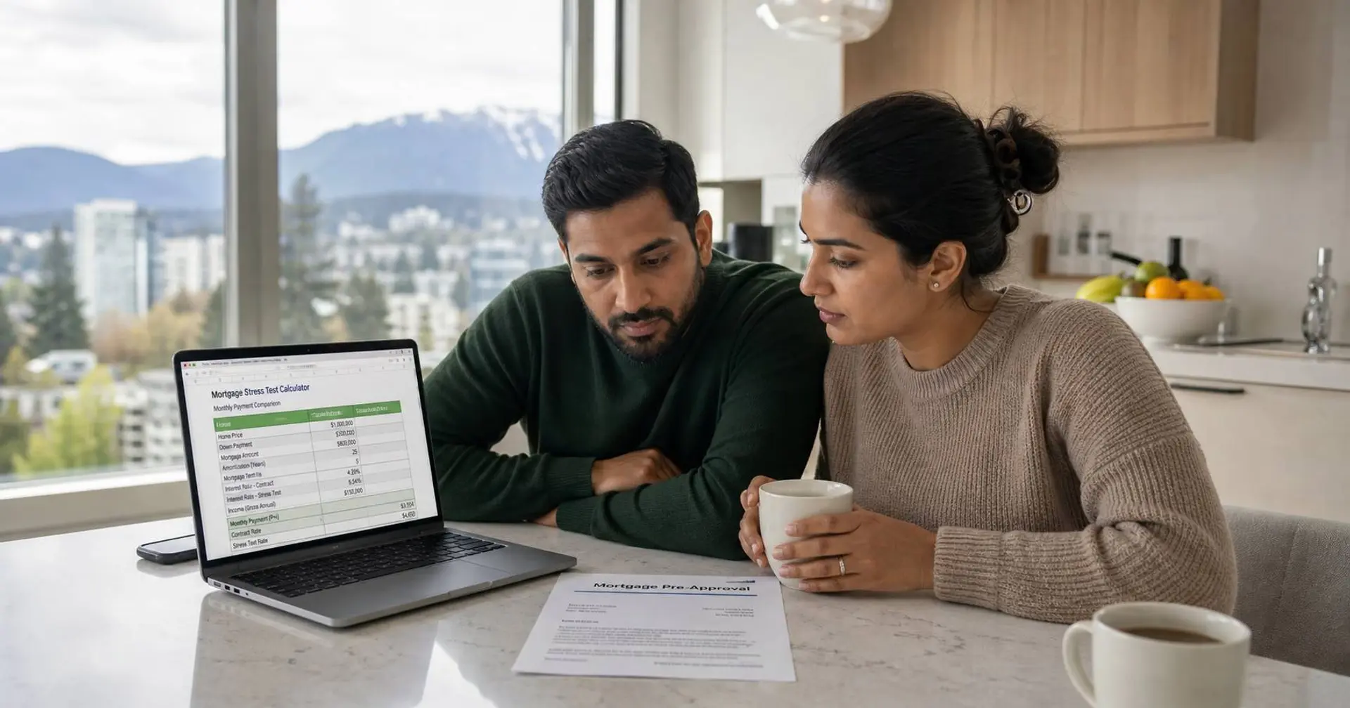 BC couple reviewing mortgage affordability and qualifying rate calculation in their Vancouver kitchen`