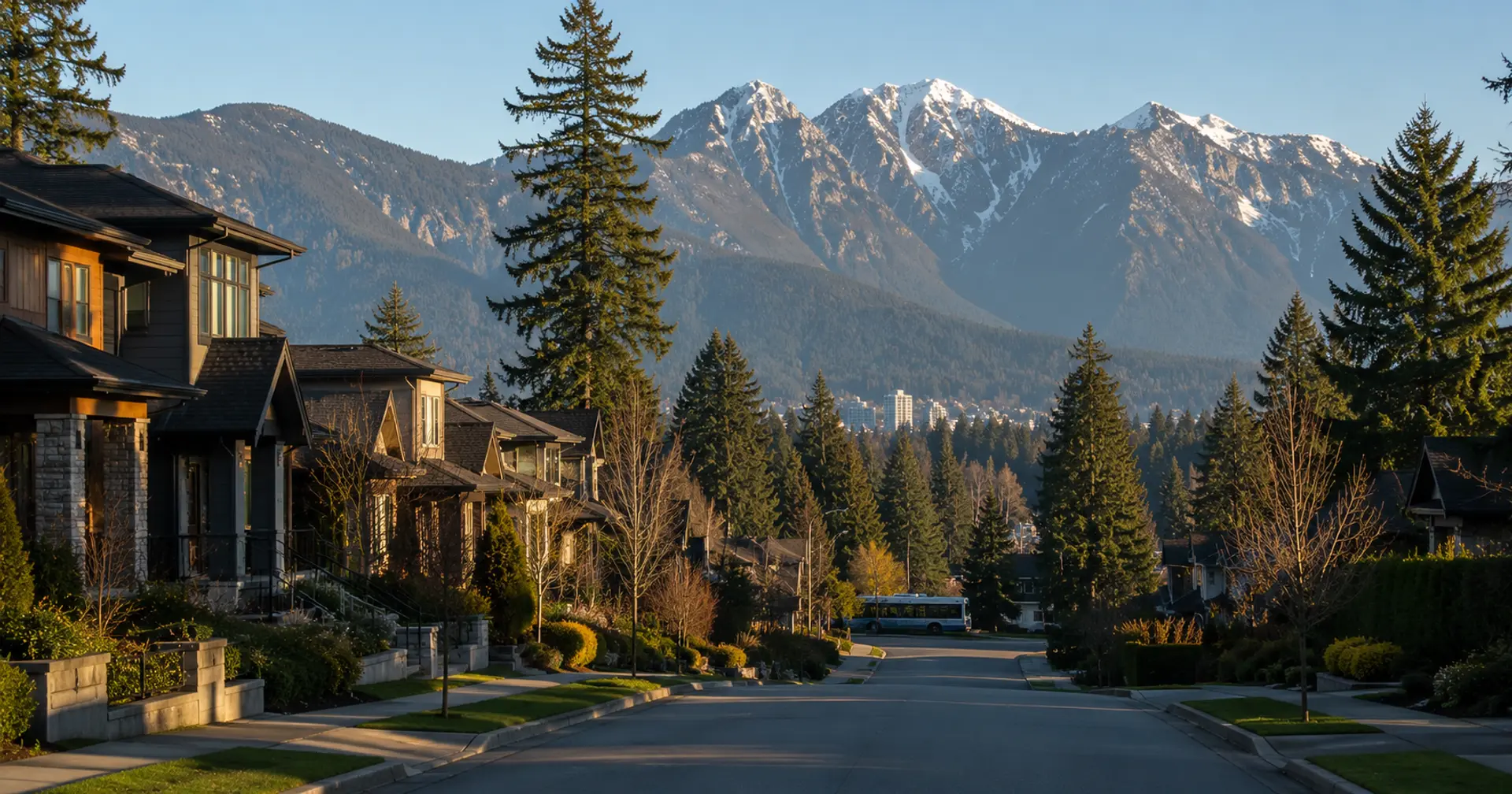 North Vancouver residential street with mountain backdrop and West Coast homes