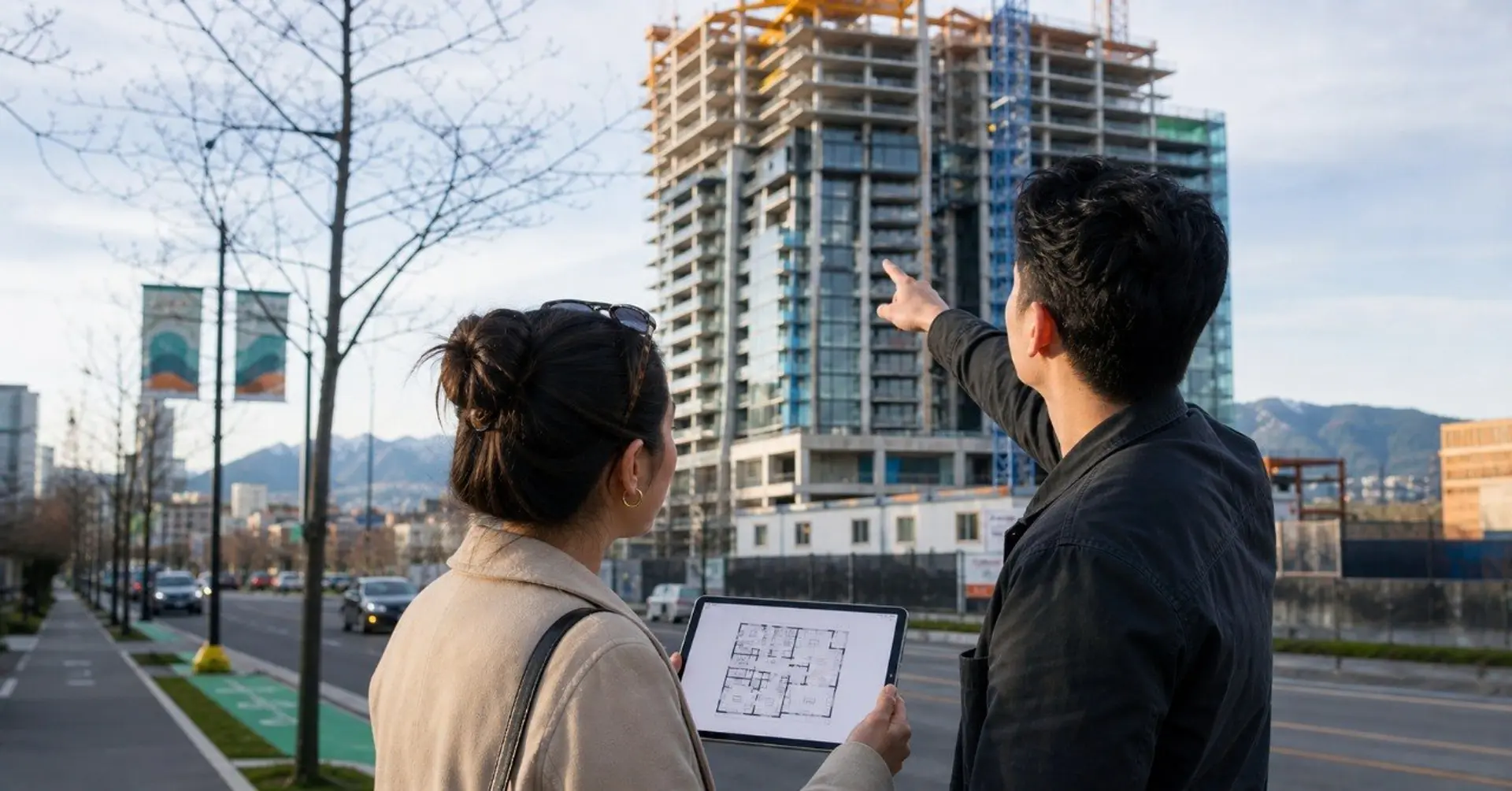 BC couple touring a Metro Vancouver presale condo construction site reviewing floor plans`