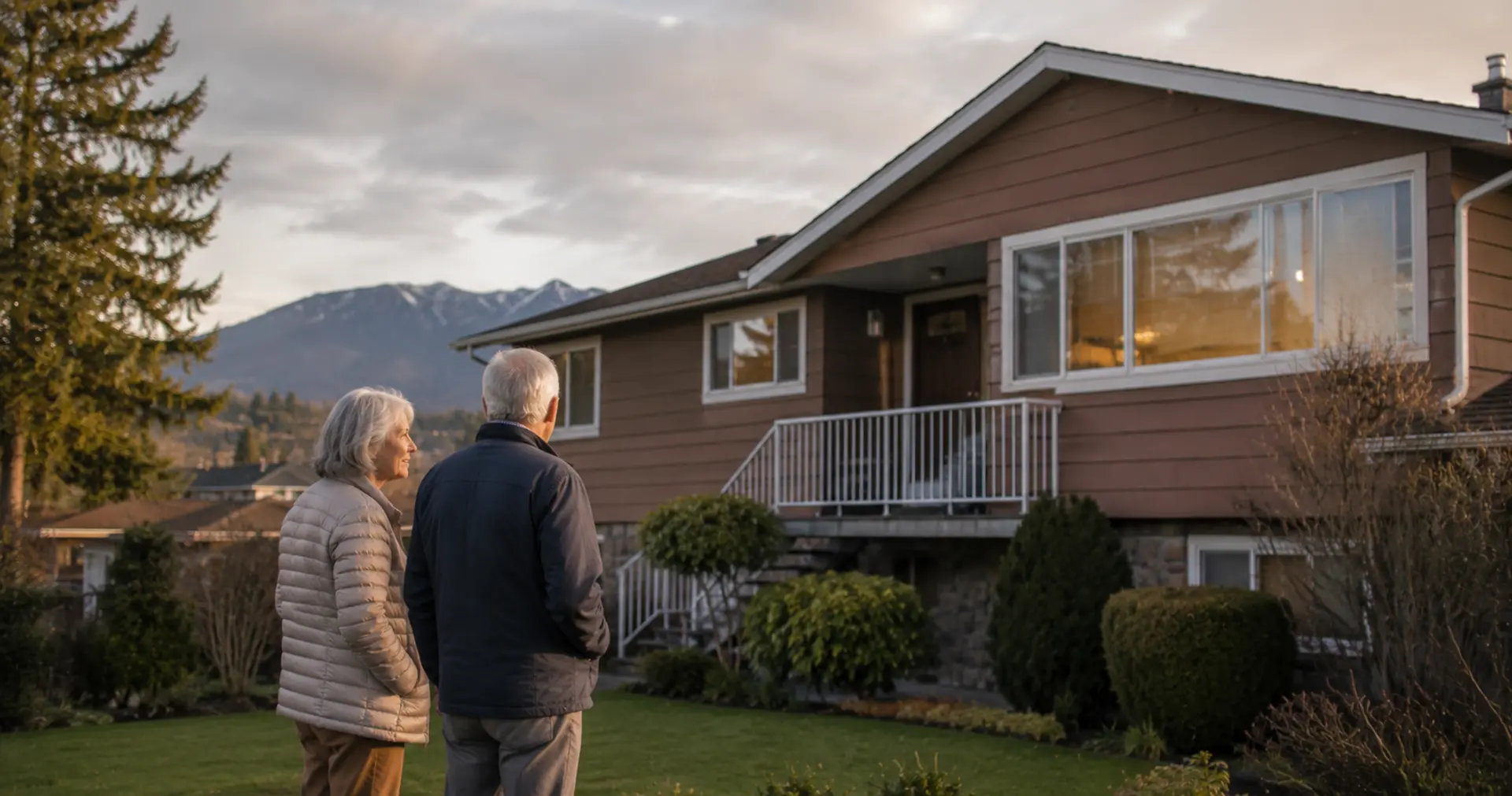 Senior couple outside their detached home in suburban BC considering a reverse mortgage