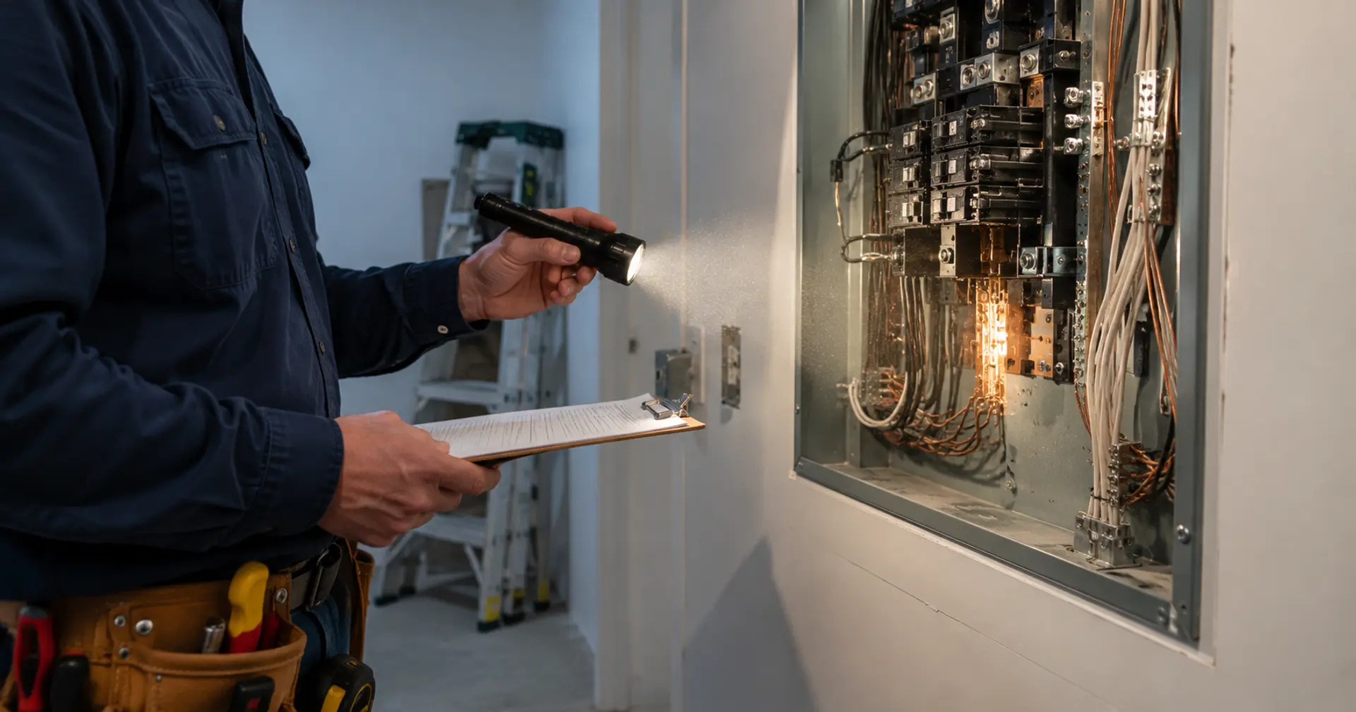 Home inspector examining electrical panel during BC subject removal period