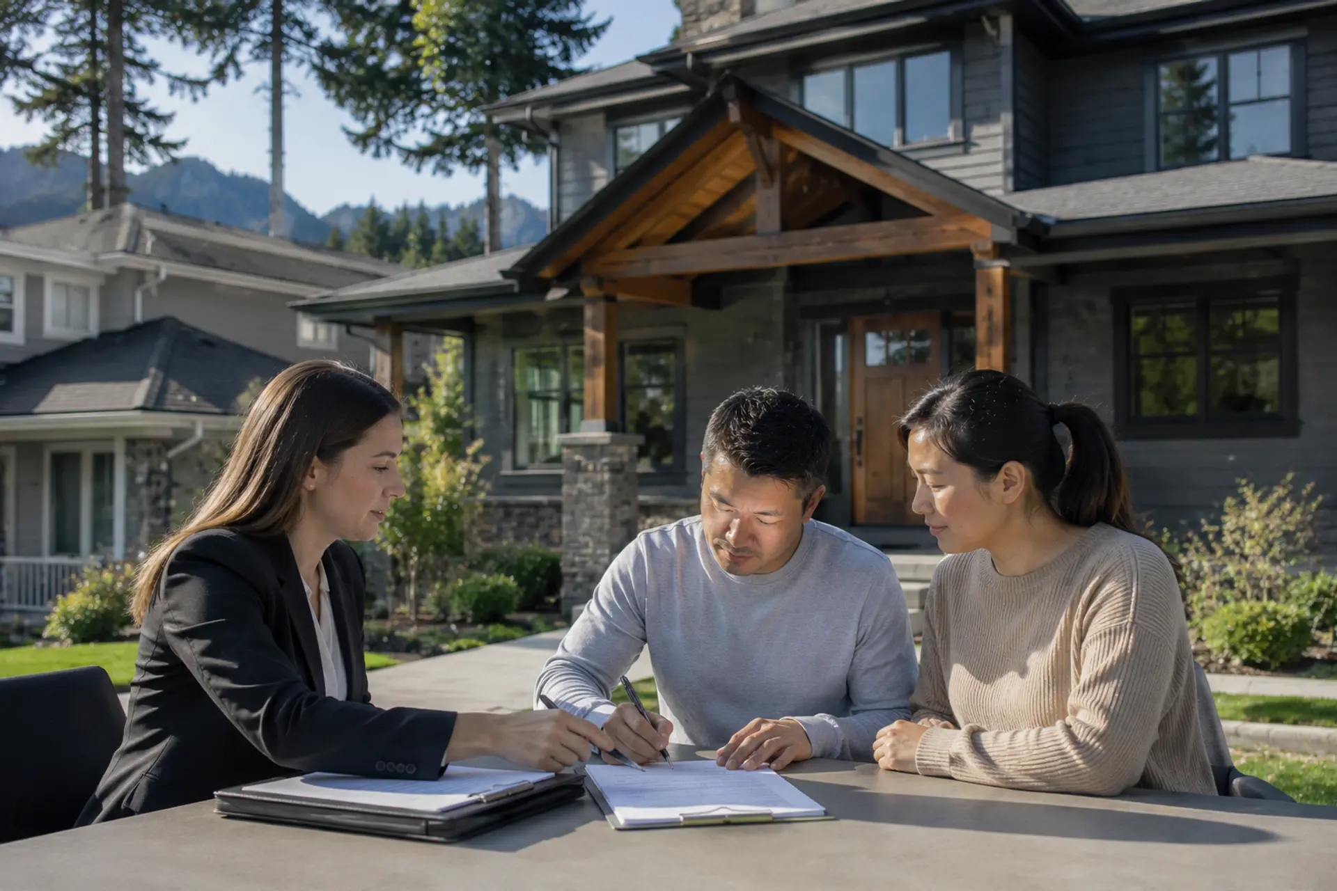 BC home buyer signing title insurance documents at a notary's office in Vancouver.