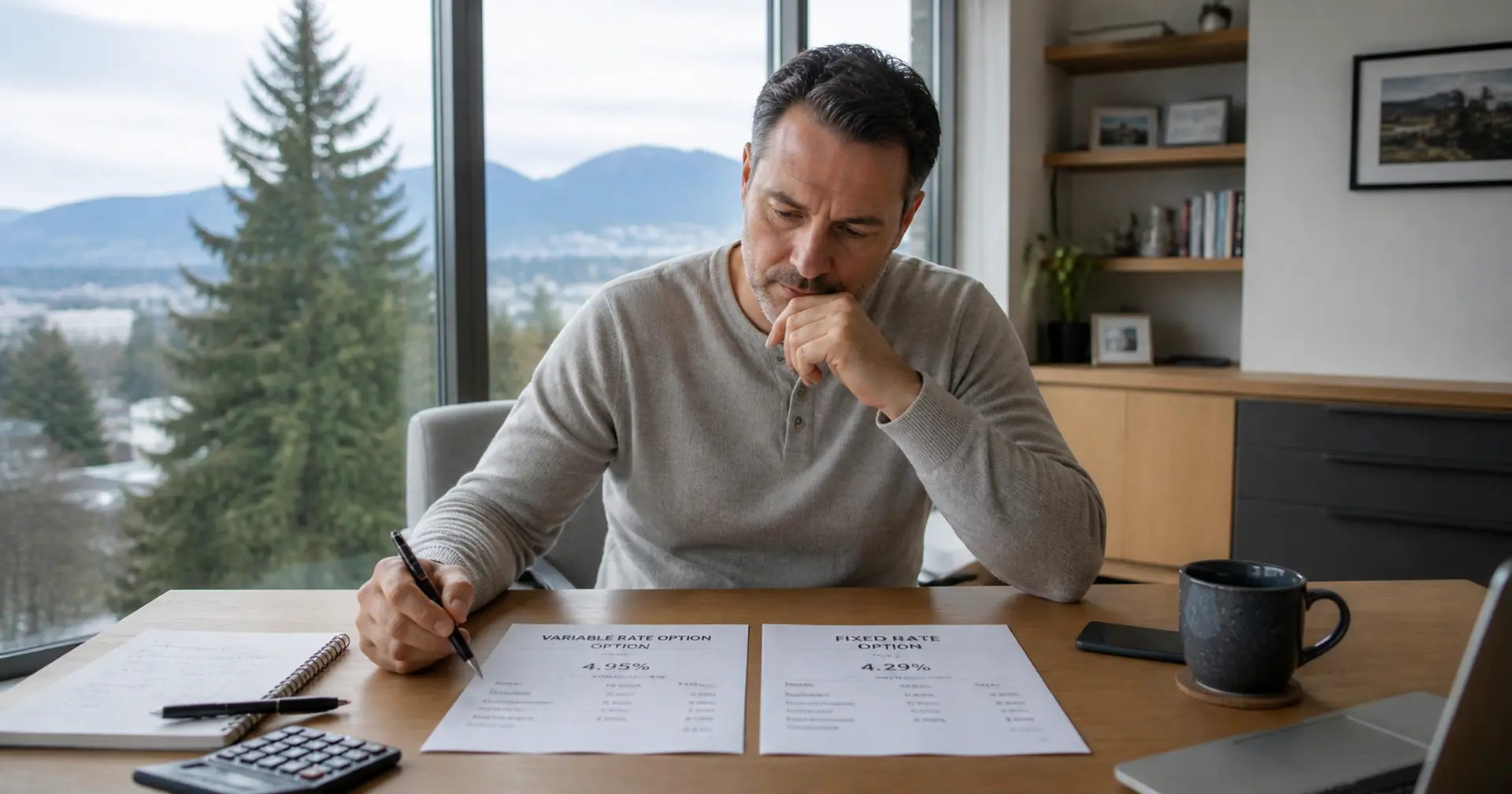 BC homeowner at desk with two mortgage rate documents, considering variable versus fixed options