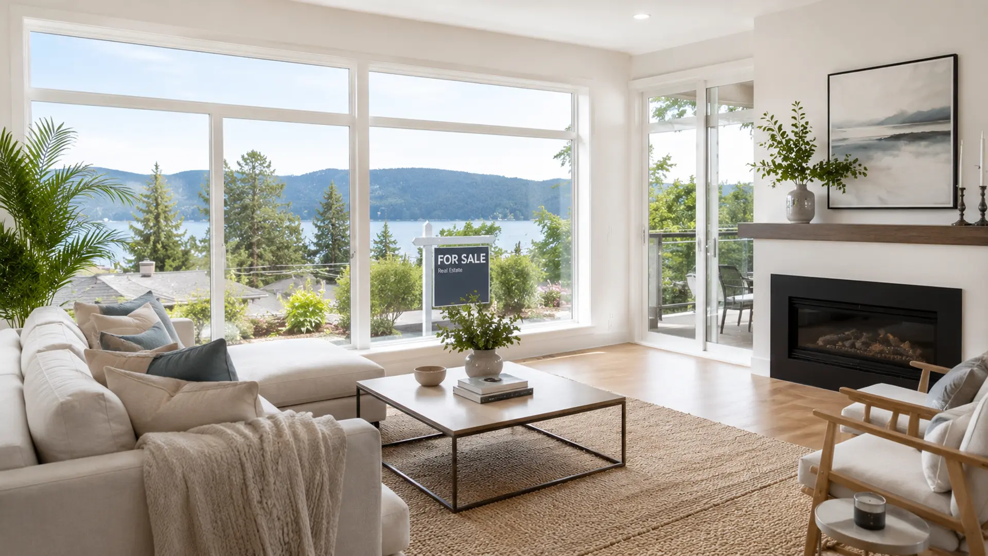 Staged West Coast Vancouver living room with a For Sale sign visible through large windows, ready for home valuation and listing.