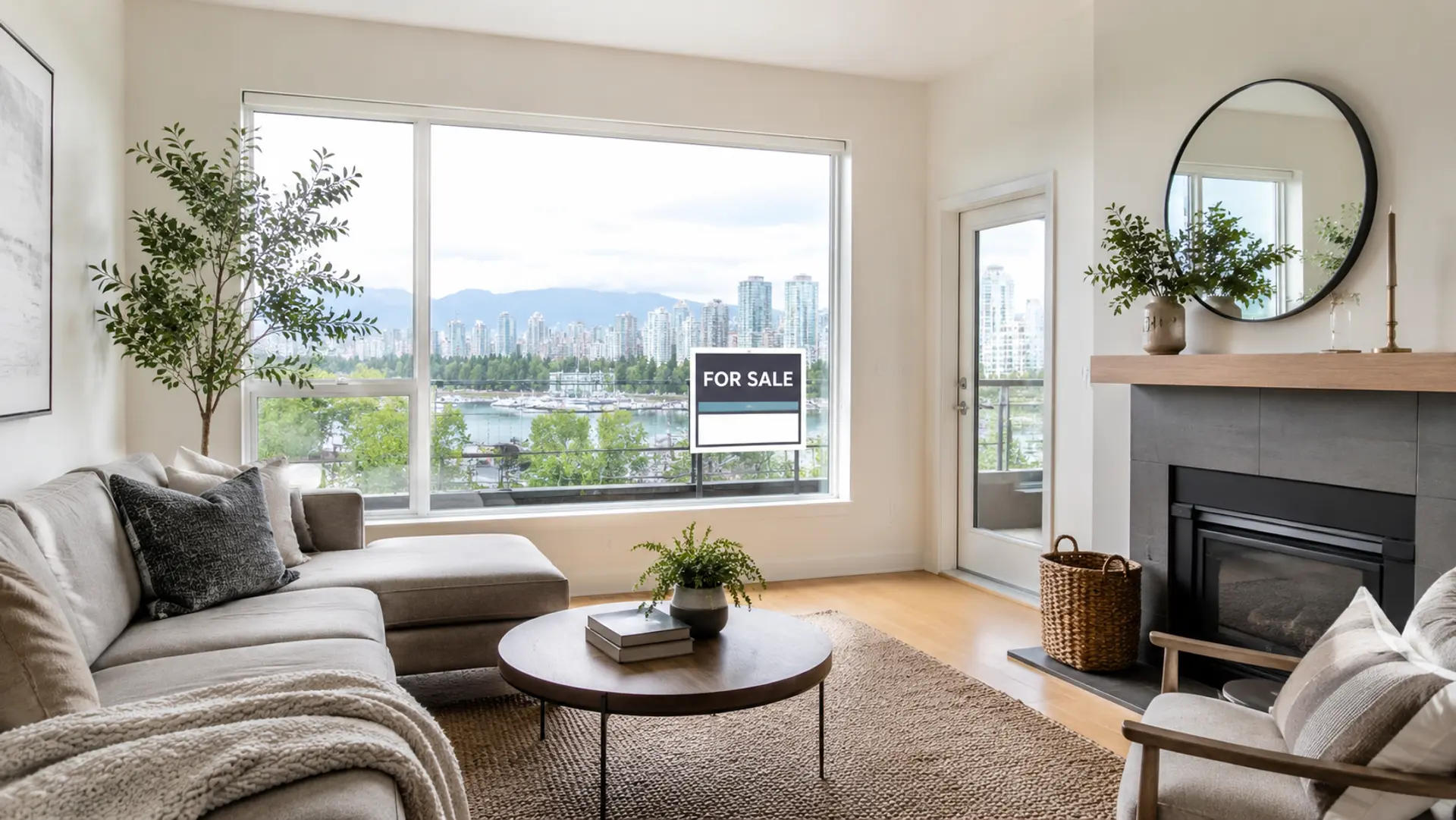 Staged West Coast Vancouver living room with For Sale sign visible through the windows, representing home valuation and selling preparation.